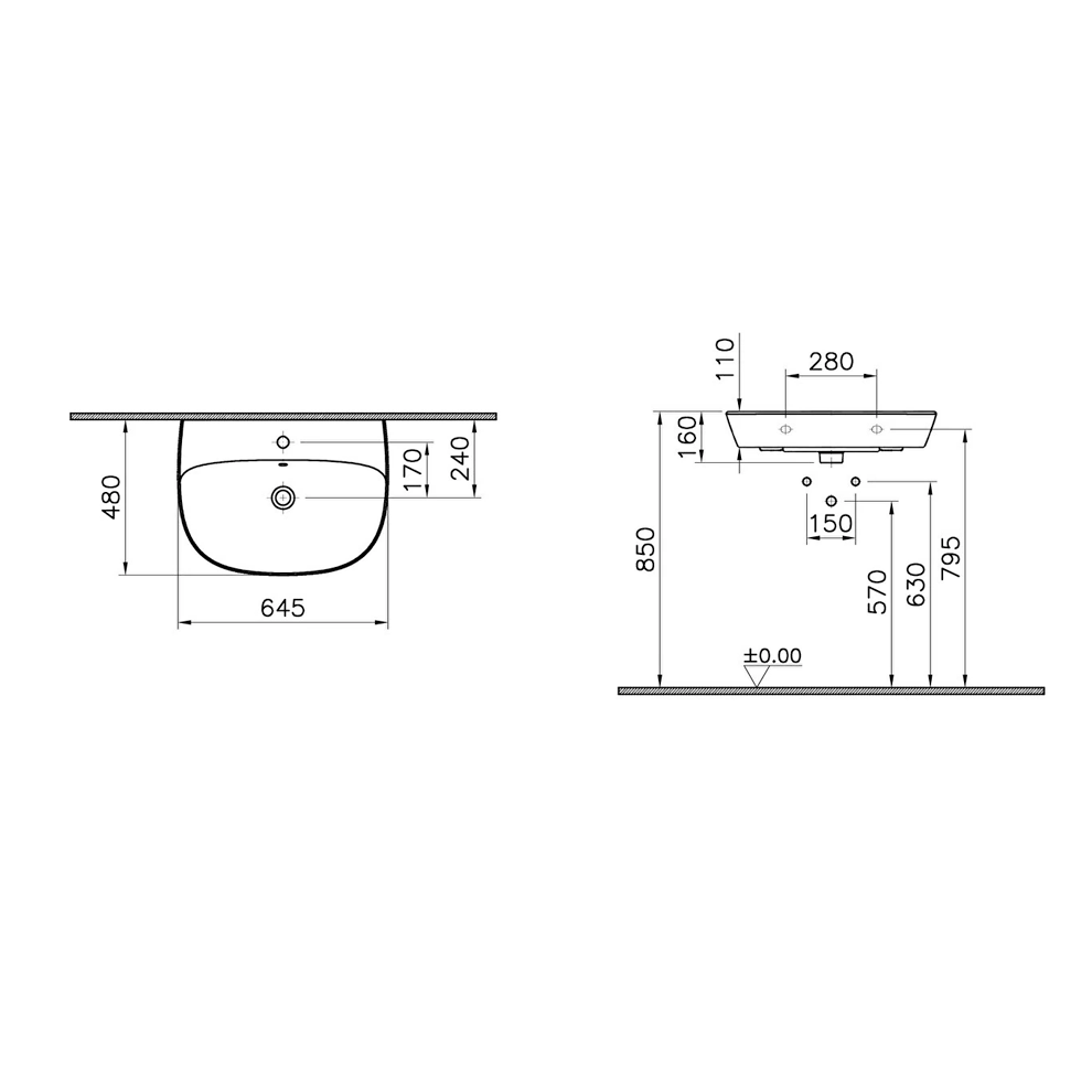 VitrA Zentrum Lavabo 65x48 cm Tek Armatür Delikli, Su Taşma Delikli, Beyaz - 7275L003-0001