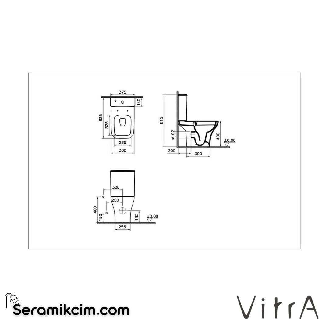 VitrA Zentrum Square Takım Klozet SmoothFlush, Arkası Açık, 63 cm Taharet Borulu, Beyaz - 7489L003-0088