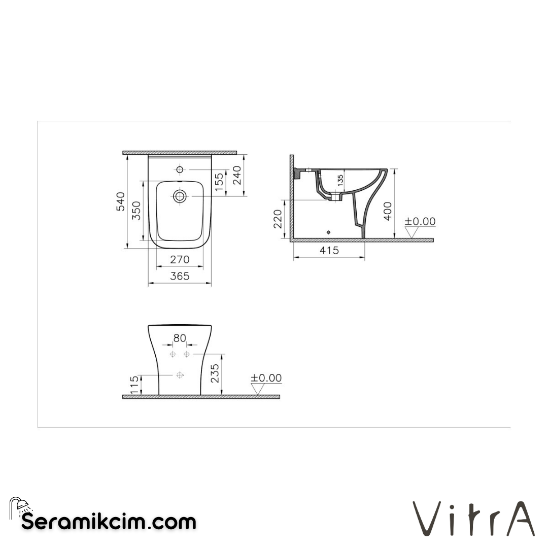 VitrA Zentrum Square Yerden Bide 54 cm Tek Armatür Delikli, Su Taşma Delikli, Yanlardan Deliksiz, Beyaz - 7492L003-0288