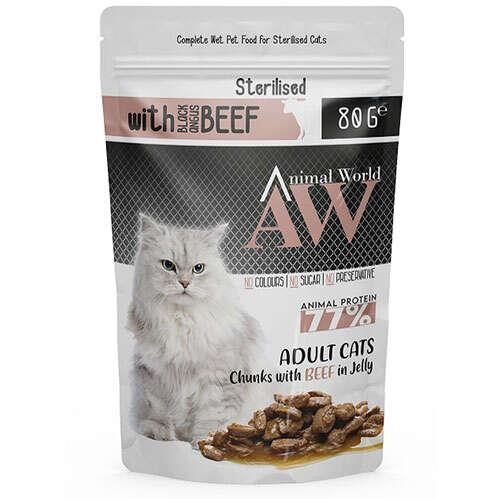 Animal World Sterilised With Beef Biftek Etli Kısırlaştırılmış Kedi Yaş Maması 80 Gr