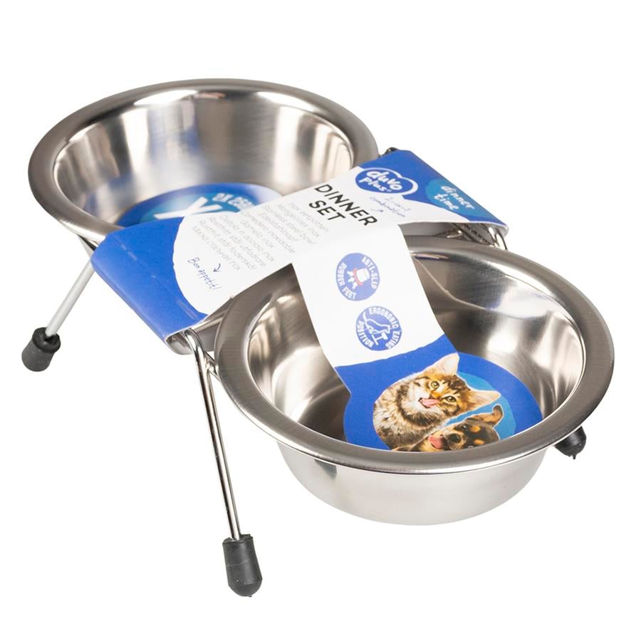 Duvo Tel Ayaklı İkili Çelik Kedi Köpek Mama ve Su Kabı 1890 Ml