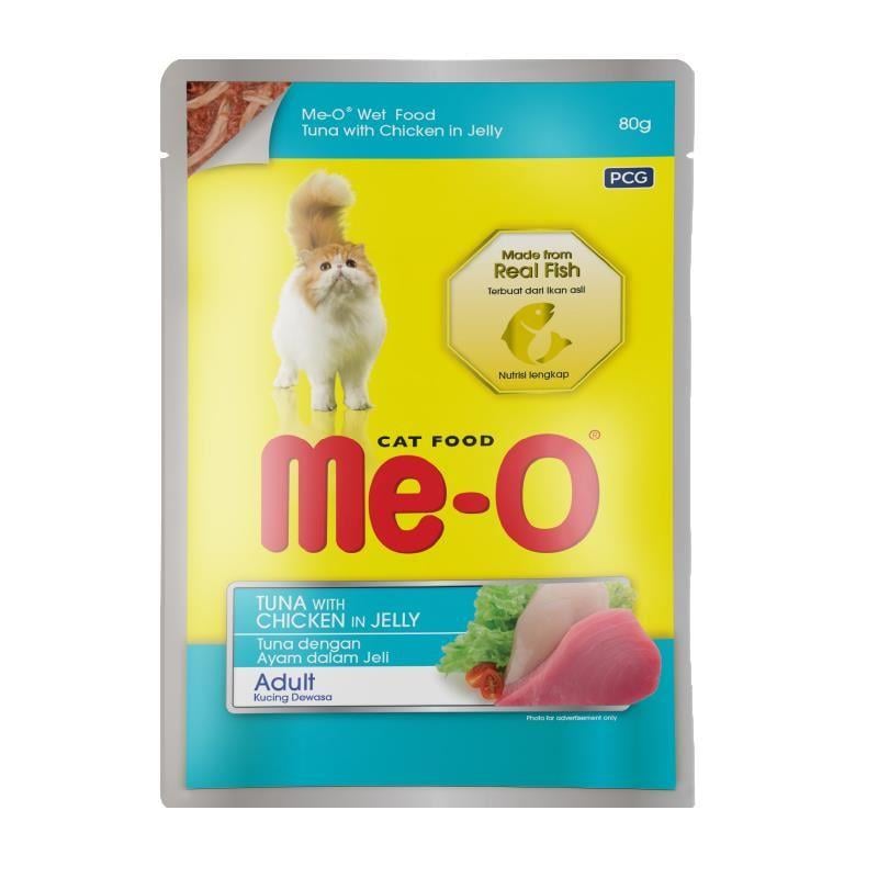 Me-O Pouch Jöle İçinde Ton Balıklı ve Tavuk Parçacıklı Yetişkin Kedi Yaş Maması 80 Gr