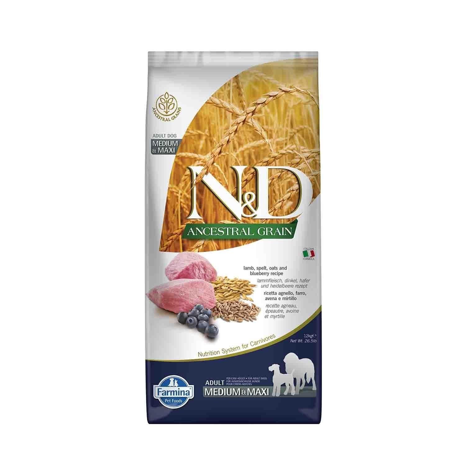 N&D Ancestral Grain Düşük Tahıllı Kuzu Etli Yaban Mersinli Orta ve Büyük Irk Yetişkin Köpek Maması 12 Kg