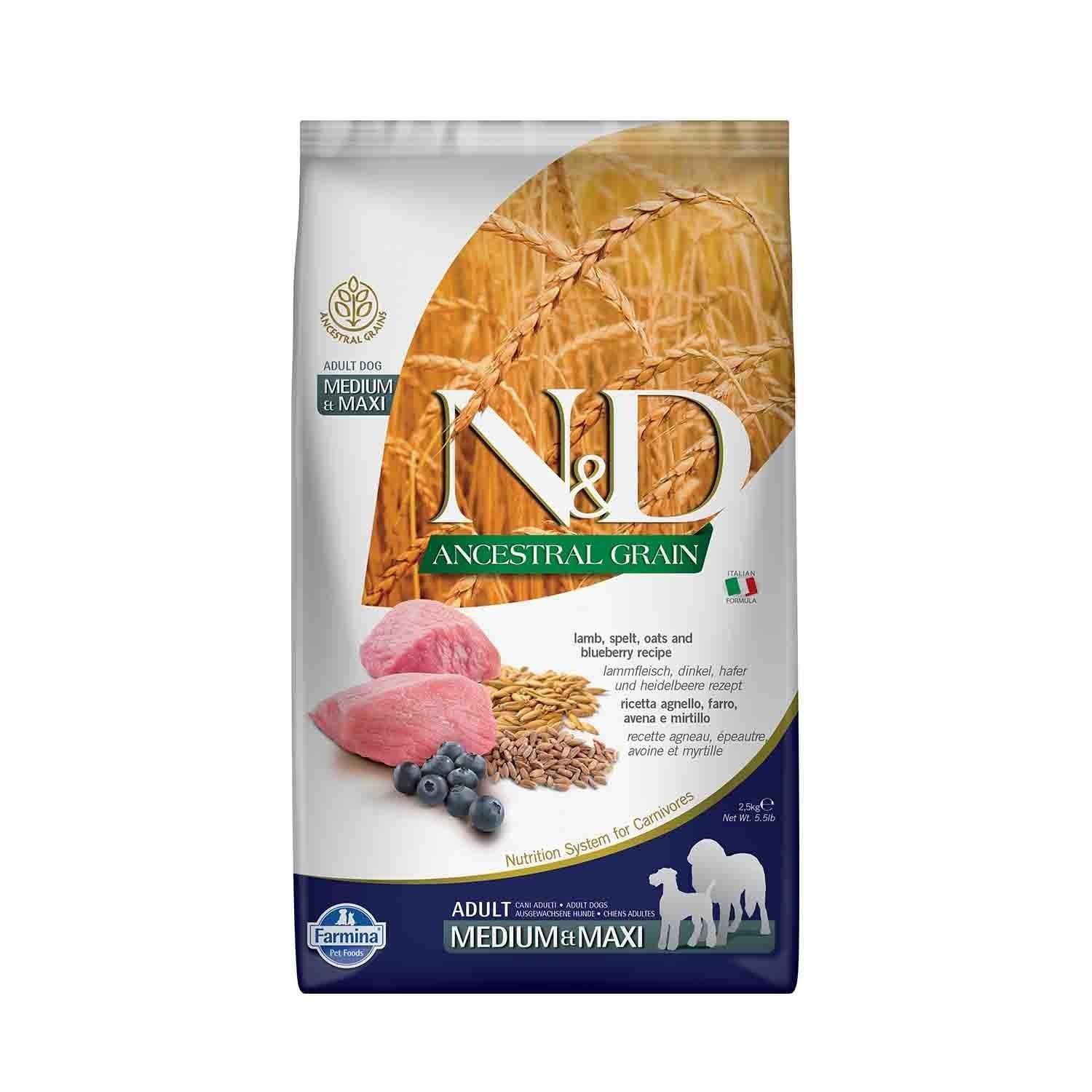 N&D Ancestral Grain Düşük Tahıllı Kuzu Etli Yaban Mersinli Orta ve Büyük Irk Yetişkin Köpek Maması 2.5 Kg