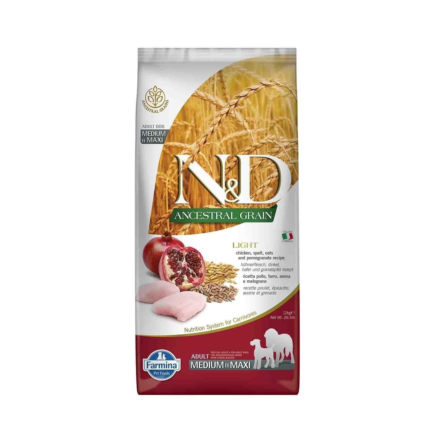 N&D Ancestral Grain Light Düşük Tahıllı Tavuklu Narlı Orta ve Büyük Irk Diyet Yetişkin Köpek Maması 12 Kg