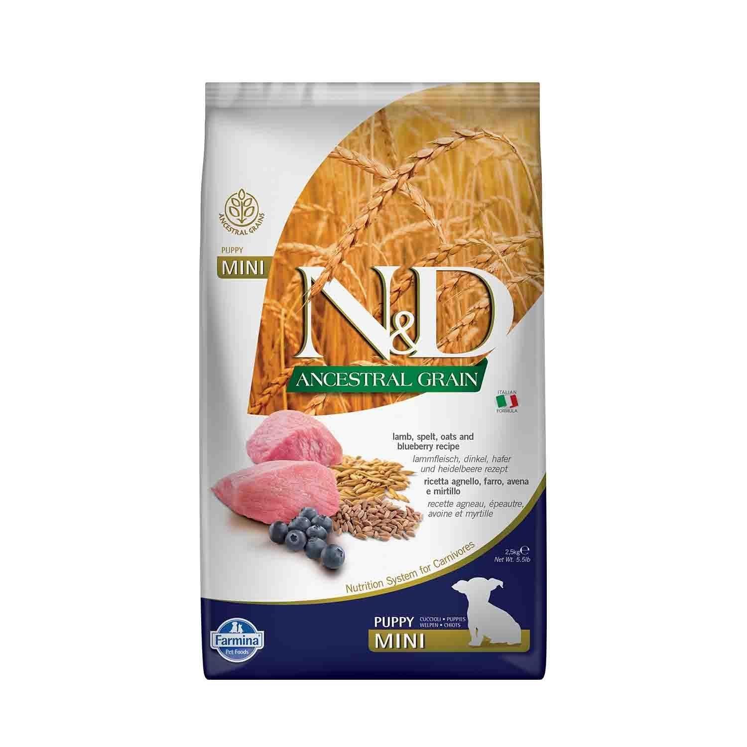 N&D Ancestral Grain Puppy Mini Düşük Tahıllı Kuzu Etli Yaban Mersinli Küçük Irk Yavru Köpek Maması 2.5 Kg