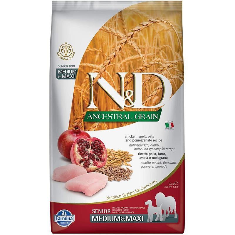 N&D Ancestral Grain Senior Düşük Tahıllı Tavuklu Narlı Orta ve Büyük Irk Yaşlı Köpek Maması 2.5 Kg