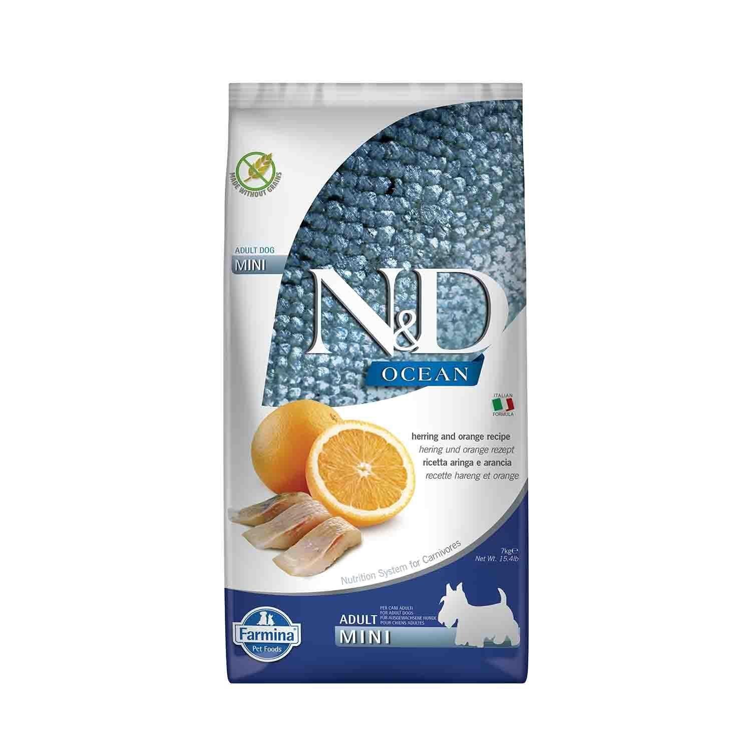 N&D Ocean Mini Tahılsız Ringa Balıklı ve Portakallı Küçük Irk Yetişkin Köpek Maması 7 Kg