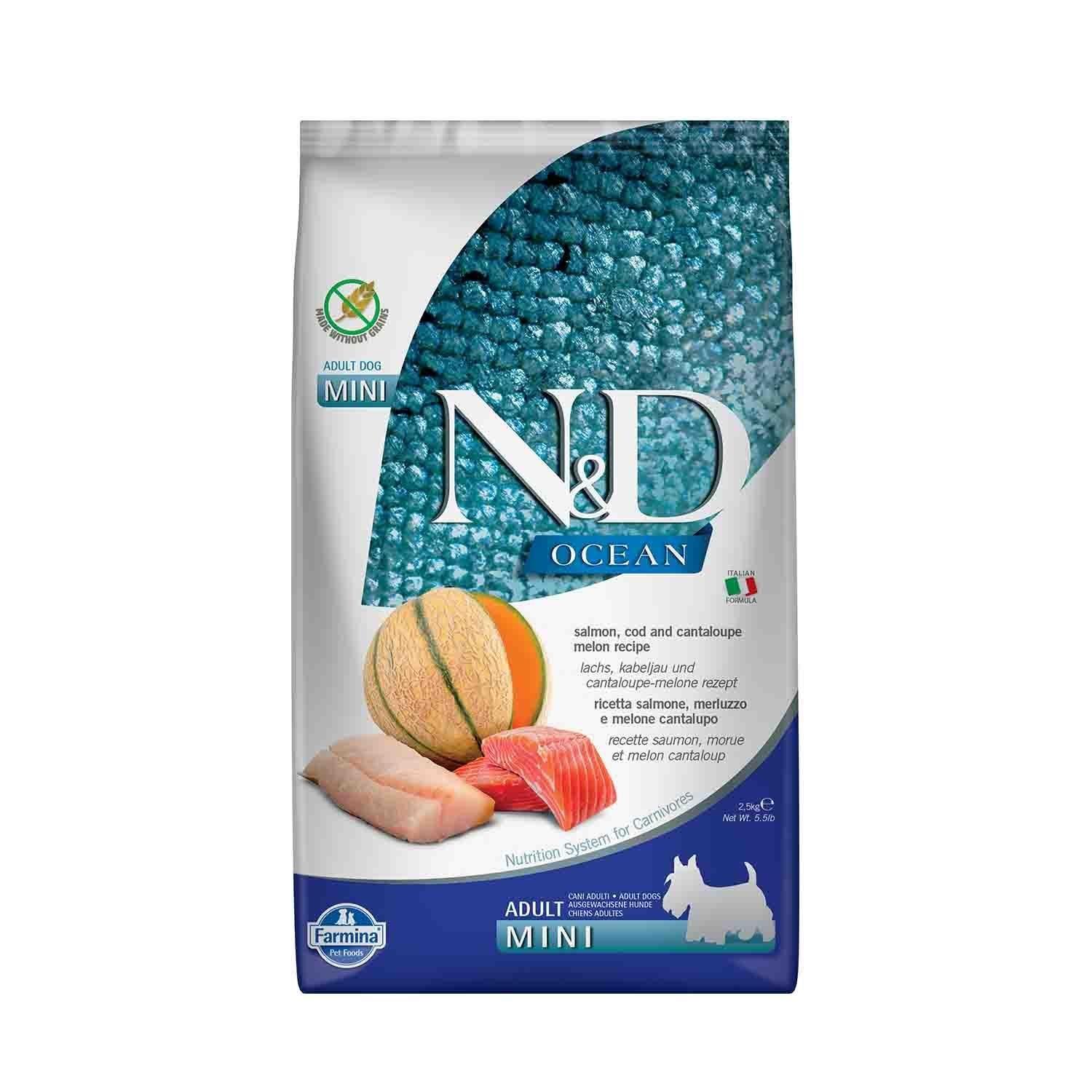 N&D Ocean Mini Tahılsız Somonlu Morina Balıklı ve Kavunlu Küçük Irk Yetişkin Köpek Maması 2.5 Kg