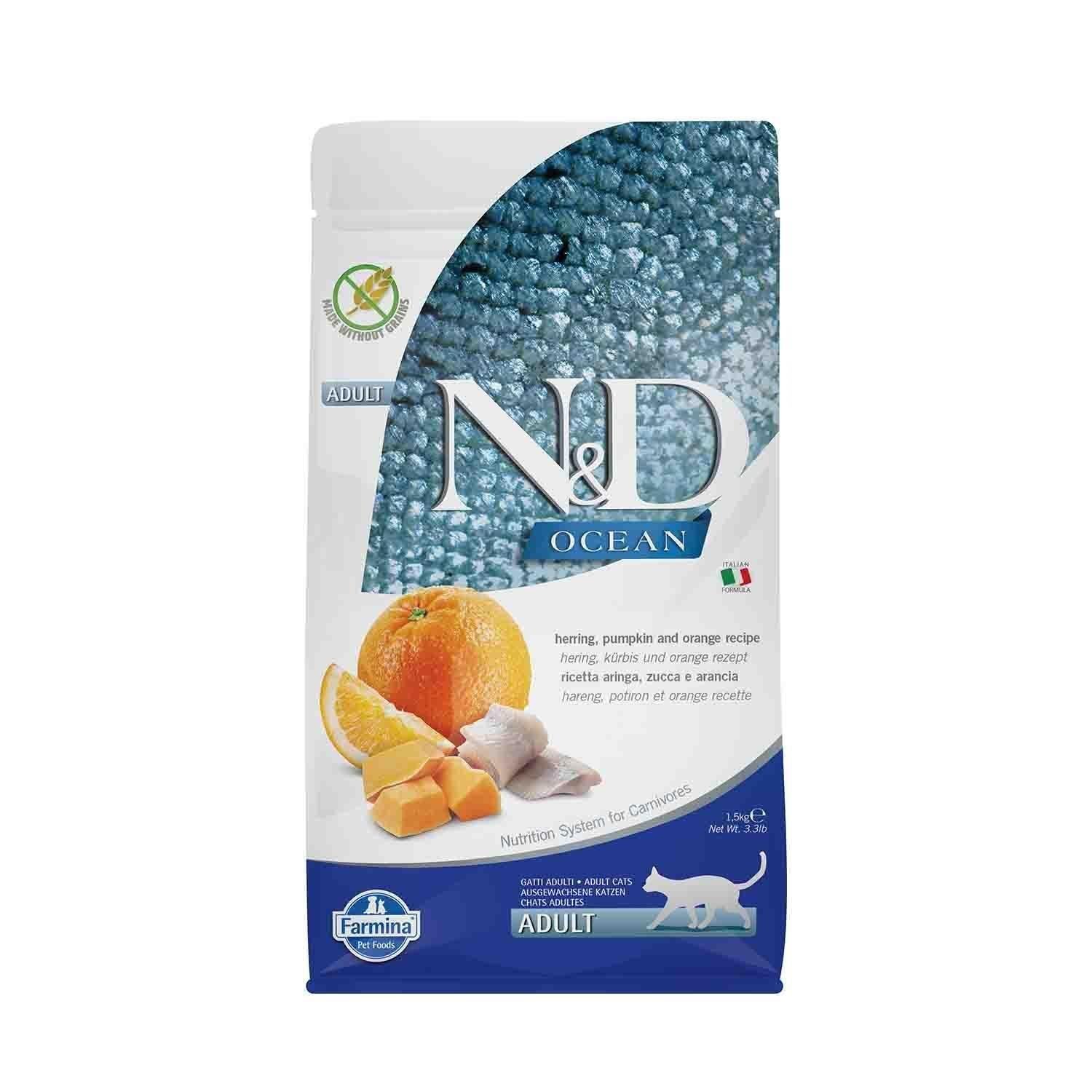 N&D Ocean Tahılsız Balkabaklı Ringa Balık Ve Portakallı Yetişkin Kedi Maması 1.5 Kg