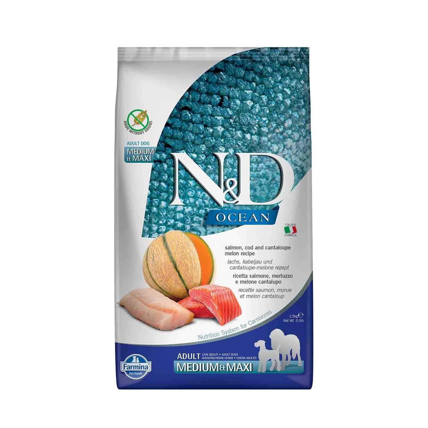 N&D Ocean Tahılsız Morina Balıklı Bal Kabaklı ve Kavunlu Orta ve Büyük Irk Yetişkin Köpek Maması 2.5 Kg