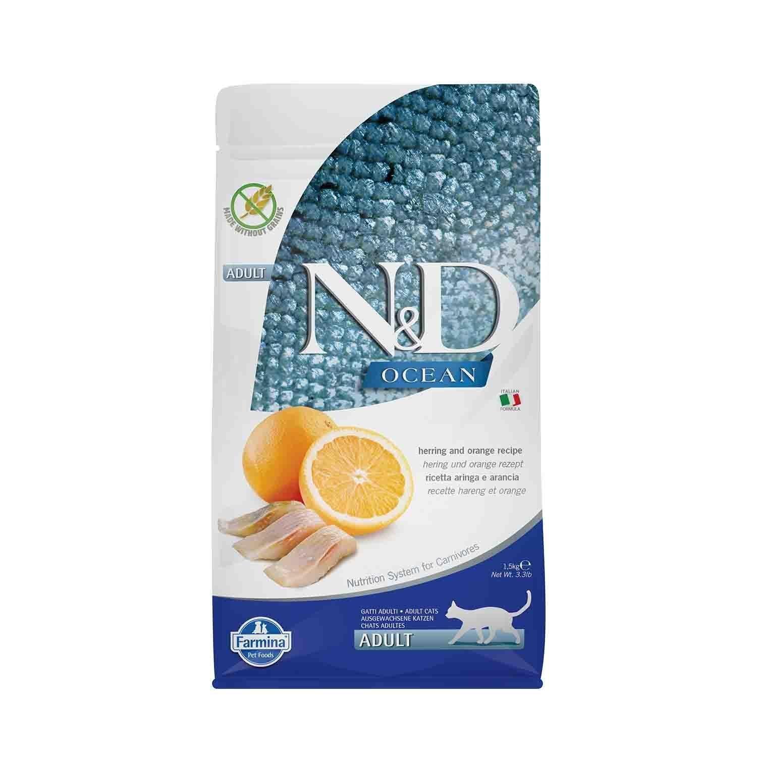 N&D Ocean Tahılsız Ringa Balığı Portakal Yetişkin Kedi Maması 1,5 Kg