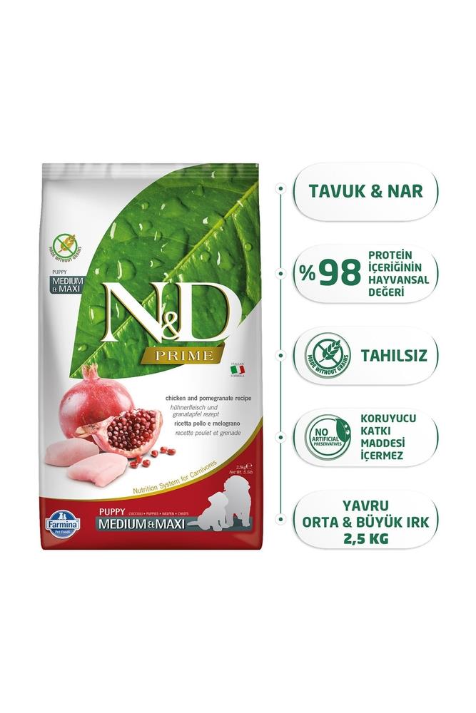 N&D Prime Puppy Medium Maxi Tahılsız Tavuk Nar Orta ve Büyük Irk Yavru Köpek Maması 2.5 Kg