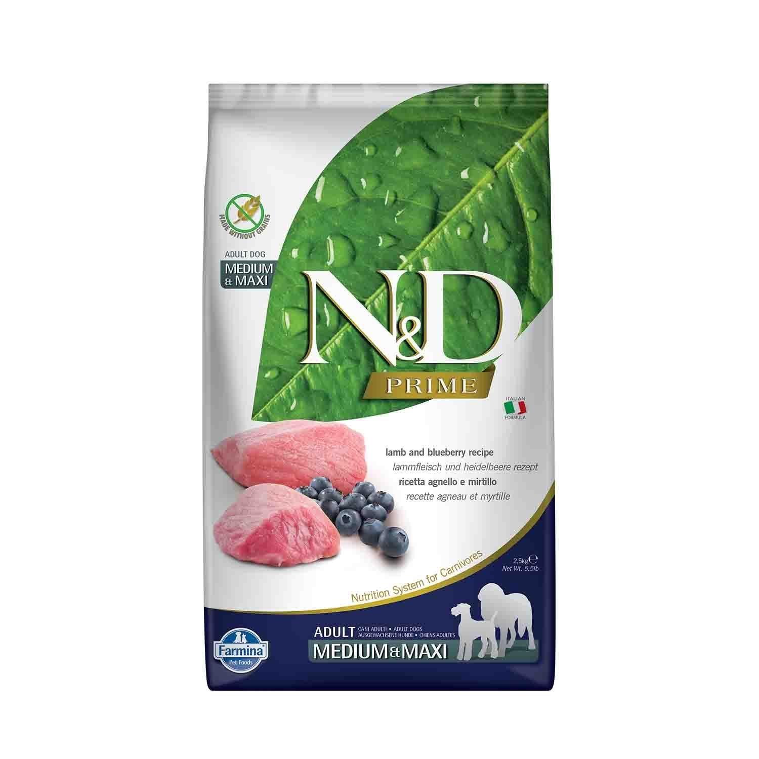 N&D Prime Tahılsız Kuzu Etli Yaban Mersinli Orta ve Büyük Irk Yetişkin Köpek Maması 2.5 Kg