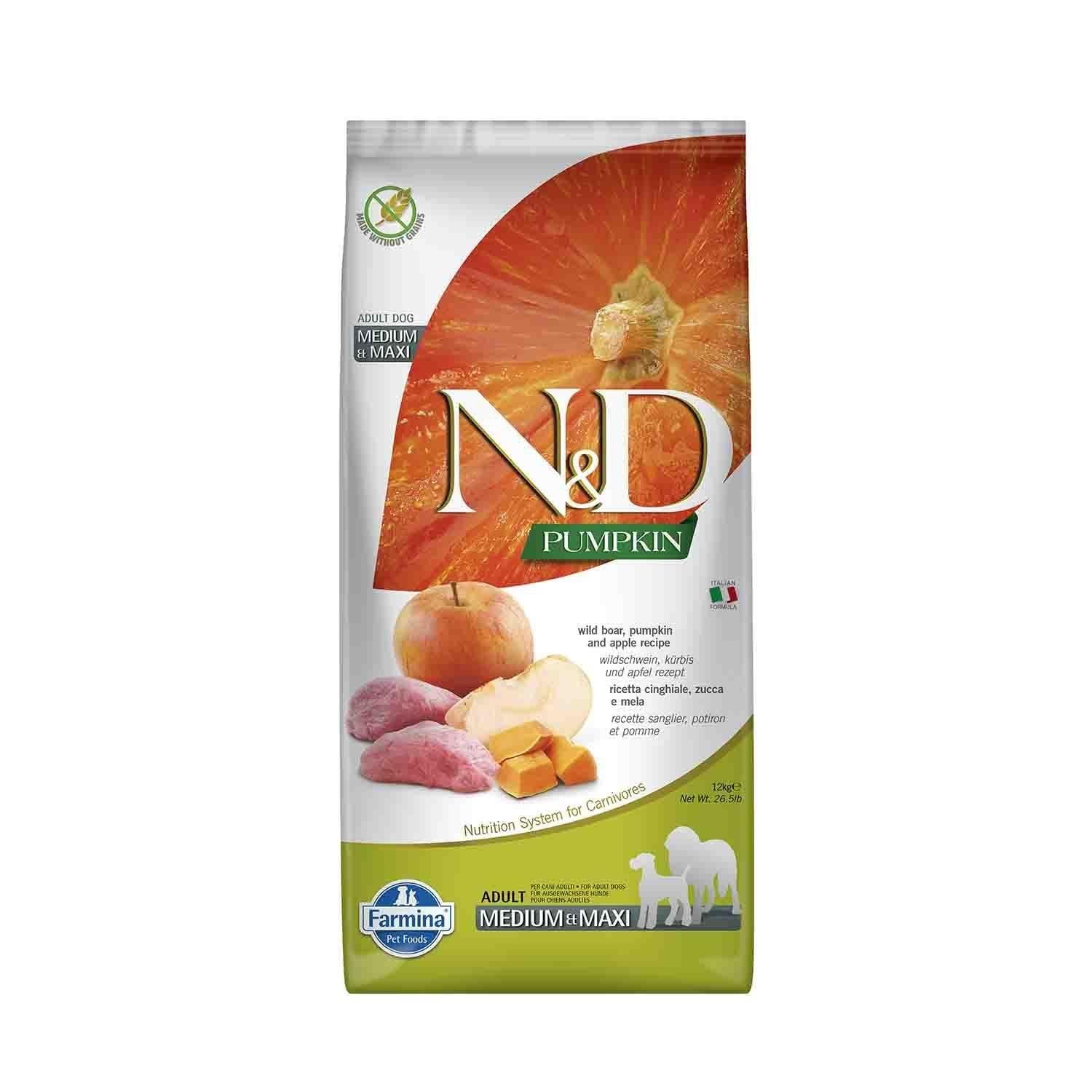 N&D Pumpkin Tahılsız Bal kabaklı Elmalı Yaban Domuzlu Orta ve Büyük Irk Yetişkin Köpek Maması 12 Kg