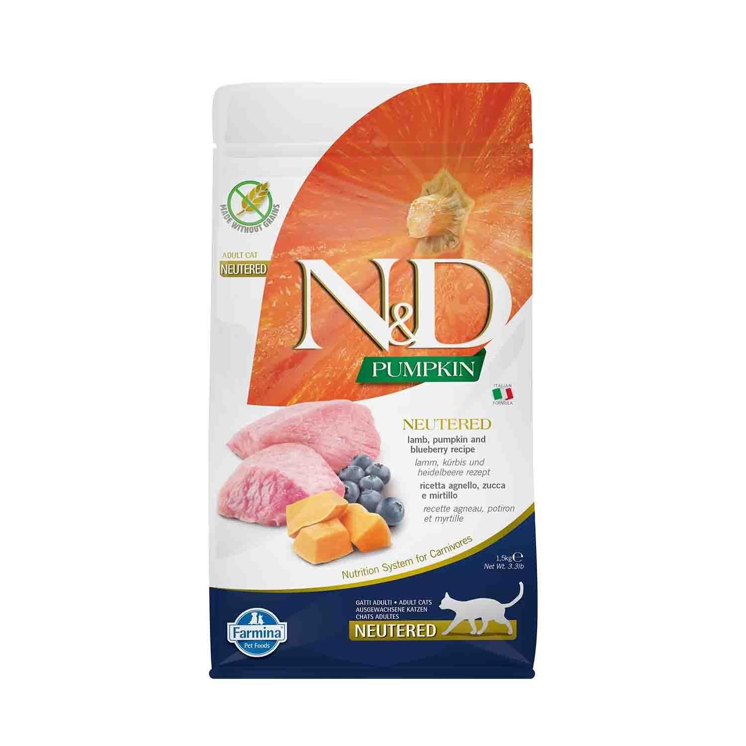 N&D Pumpkin Tahılsız Bal Kabaklı Kuzu Etli Yaban Mersinli Kısırlaştırılmış Kedi Maması 1.5 Kg