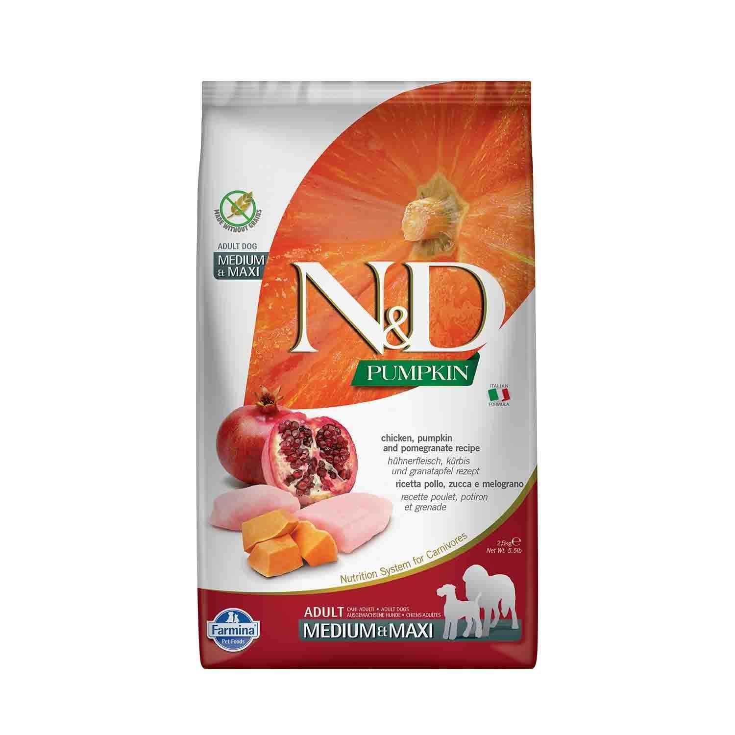 N&D Pumpkin Tahılsız Bal kabaklı Tavuklu Narlı Orta ve Büyük Irk Yetişkin Köpek Maması 2.5 Kg