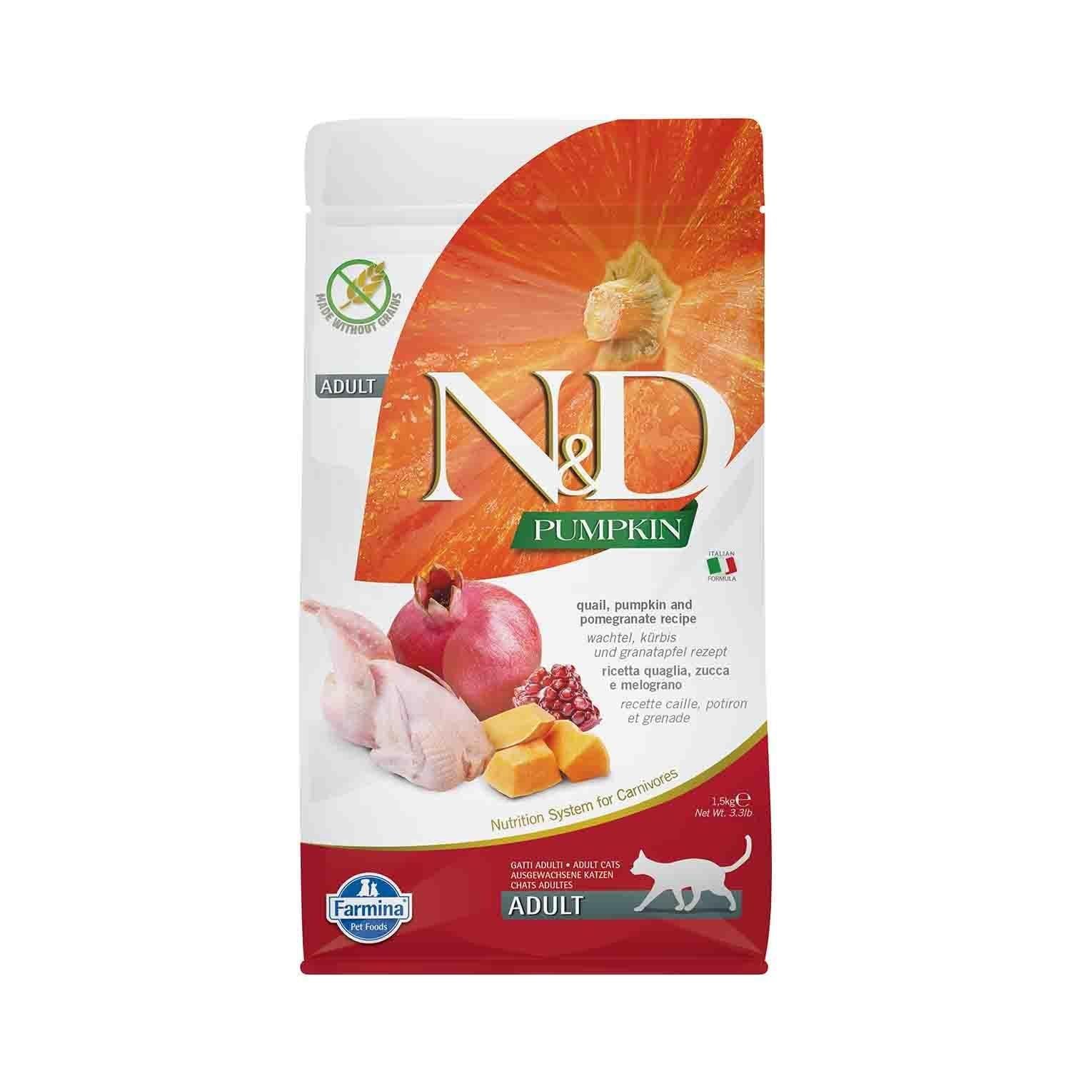 N&D Pumpkin Tahılsız Bıldırcın Etli BalKabaklı ve Narlı Yetişkin Kedi Maması 1.5 Kg