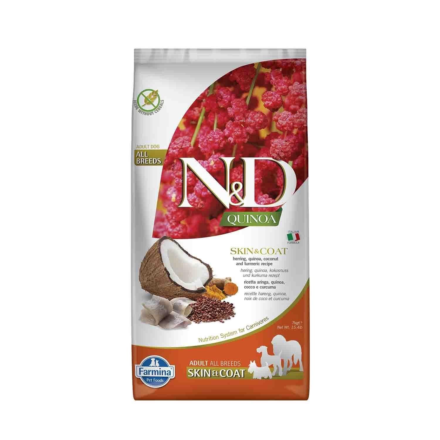 N&D Quinoa Skin Coat Tahılsız Ringa Balıklı ve Hindistan Cevizli Tüy Bakım Yetişkin Köpek Maması 7 Kg