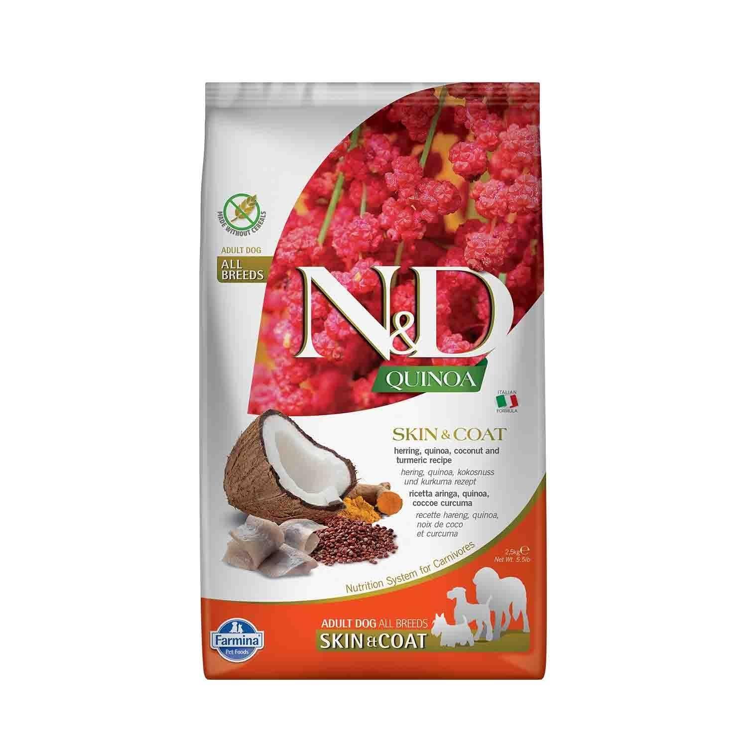 N&D Quinoa Skin Coat Tahılsız Ringa Balıklı ve Hindistan Cevizli Tüy Bakım Yetişkin Köpek Maması 2.5 Kg