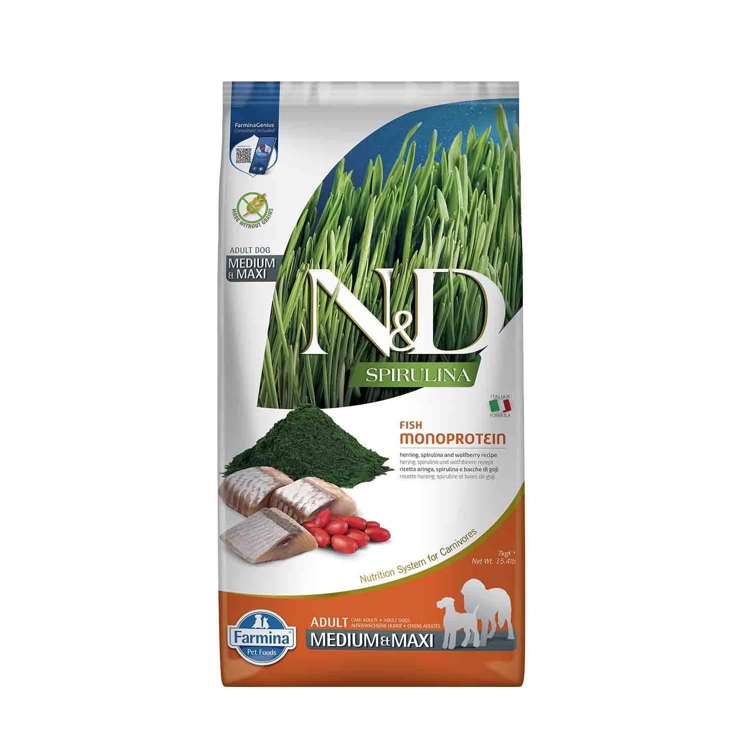 N&D Spirulina Herring Tahılsız Ringa Balıklı Üzümlü Orta ve Büyük Irk Yetişkin Köpek Maması 7 Kg