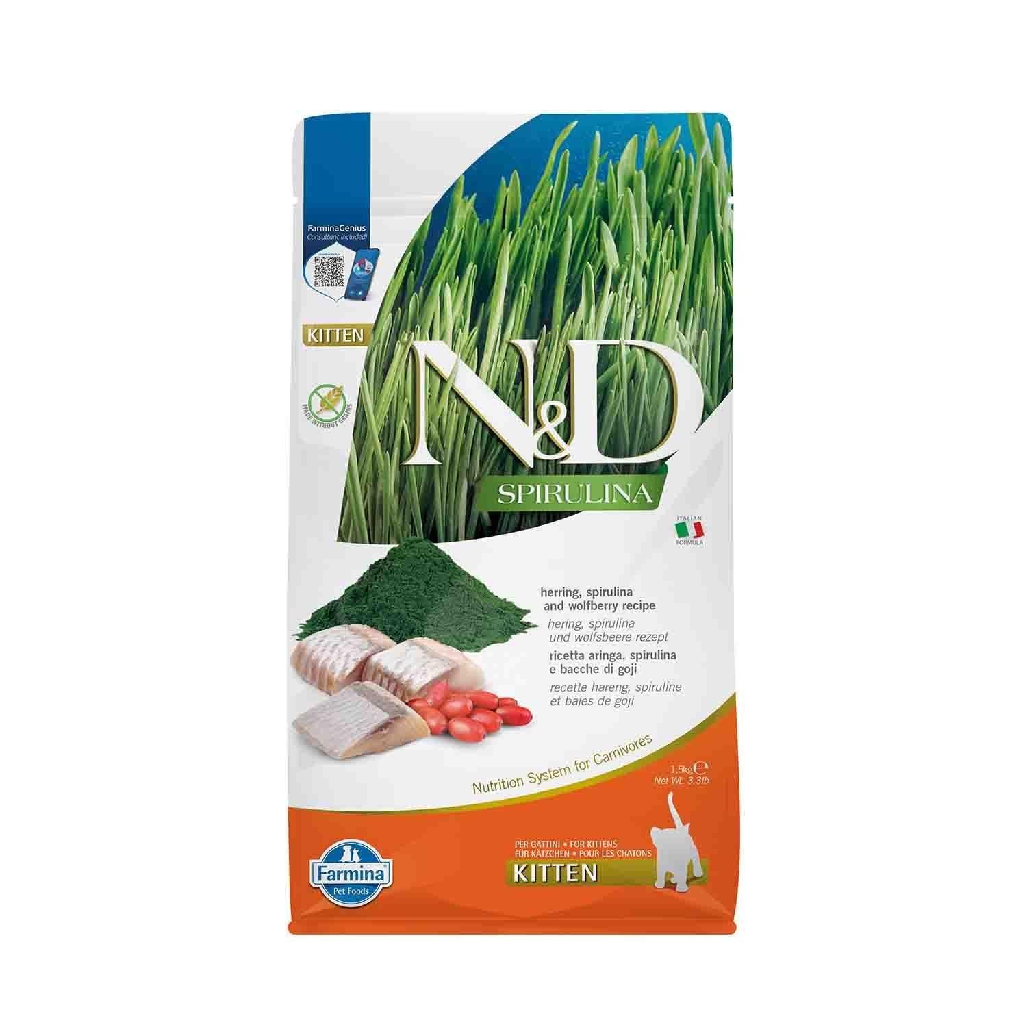 N&D Spirulina Tahılsız Ringa Balıklı ve Üzümlü Yavru Kedi Maması 1.5 Kg