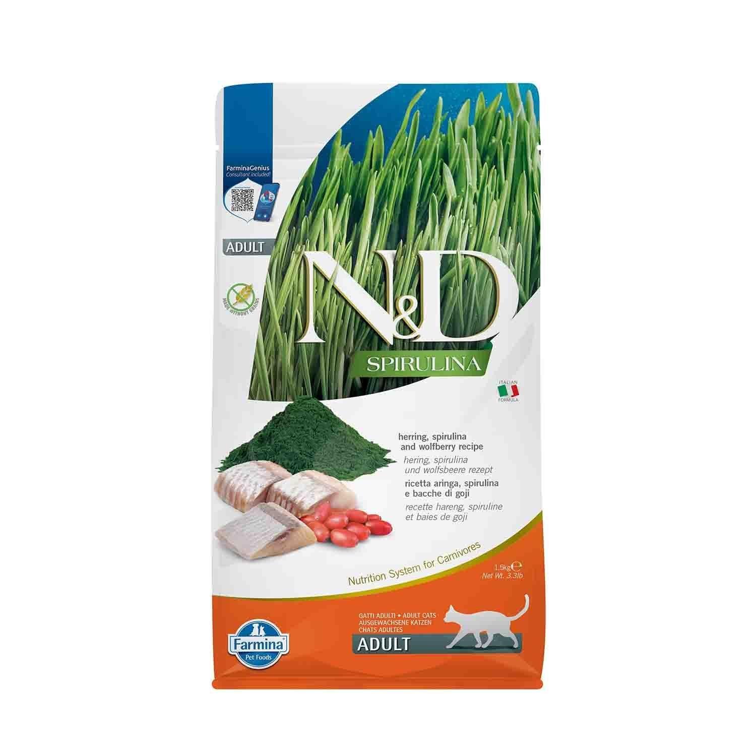 N&D Spirulina Tahılsız Ringa Balıklı ve Üzümlü Yetişkin Kedi Maması 1.5 Kg
