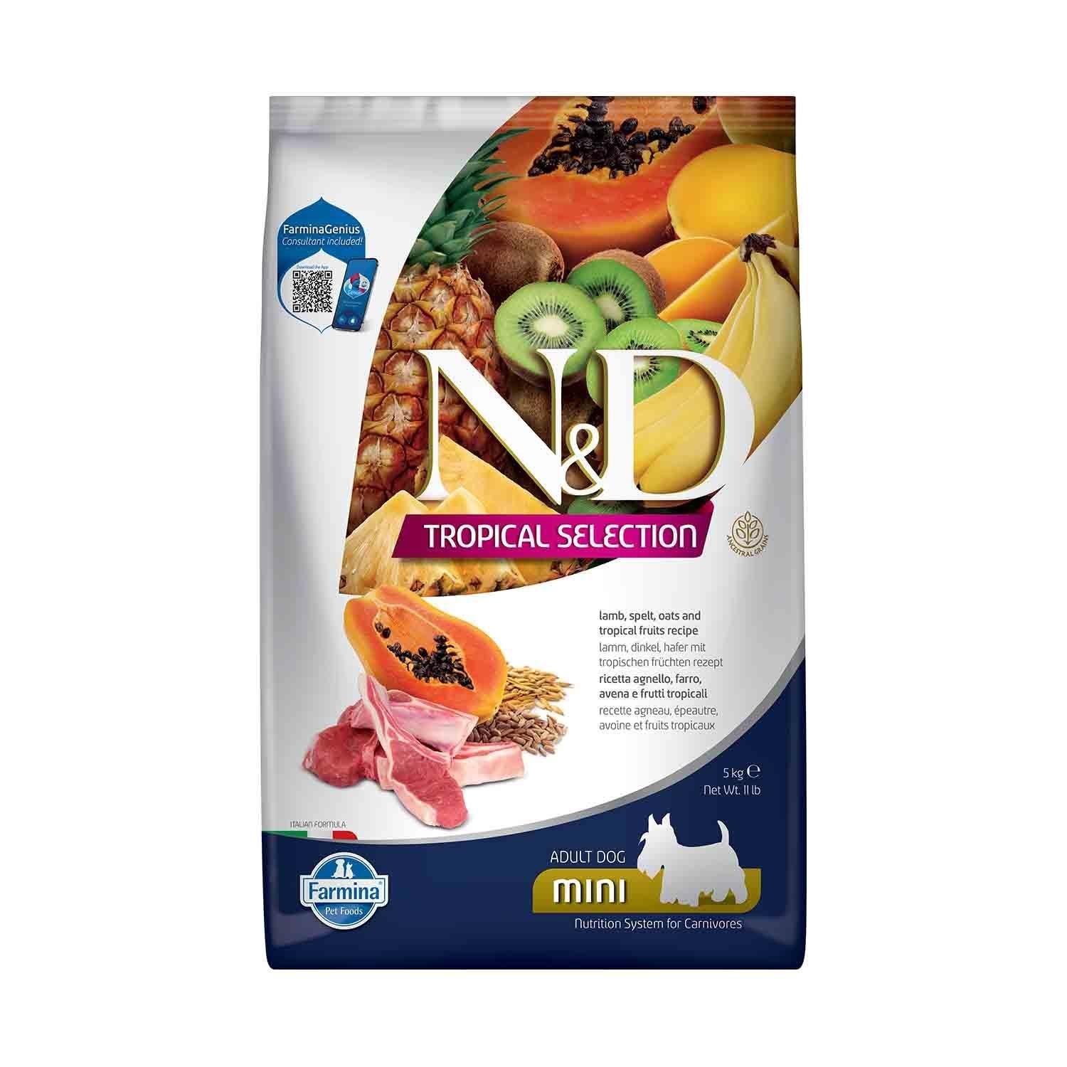 N&D Tropical Selection Adult Mini Düşük Tahıllı Kuzu Etli ve Tropikal Meyveli Küçük Irk Yetişkin Köpek Maması 5 Kg