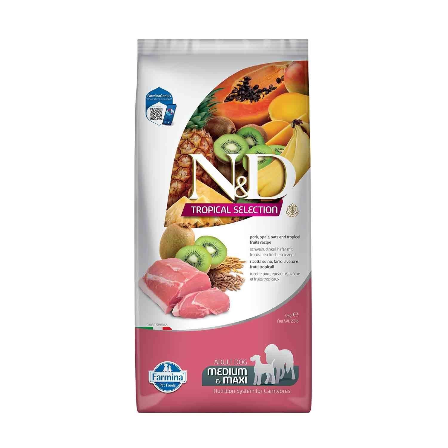 N&D Tropical Selection Düşük Tahıllı Domuzlu Tropikal Meyveli Orta ve Büyük Irk Yetişkin Köpek Maması 10 Kg