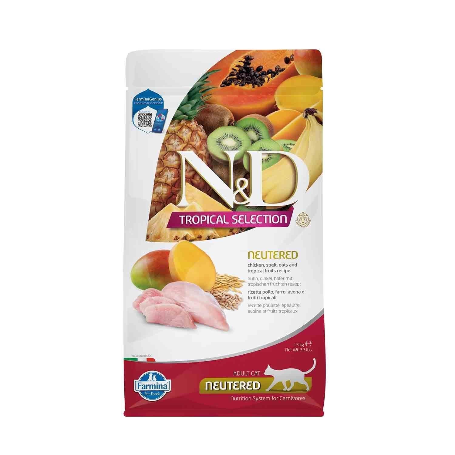 N&D Tropical Selection Düşük Tahıllı Tavuklu ve Tropikal Meyveli Kısırlaştırılmış Kedi Maması 1.5 Kg