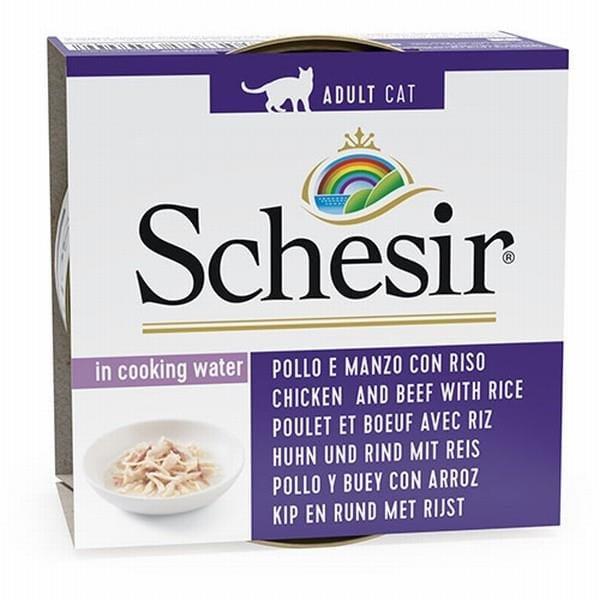 Schesir Tavuk ve Sığır Filetolu Pirinçli Pişirme Suyunda Yetişkin Kedi Konservesi 85 Gr