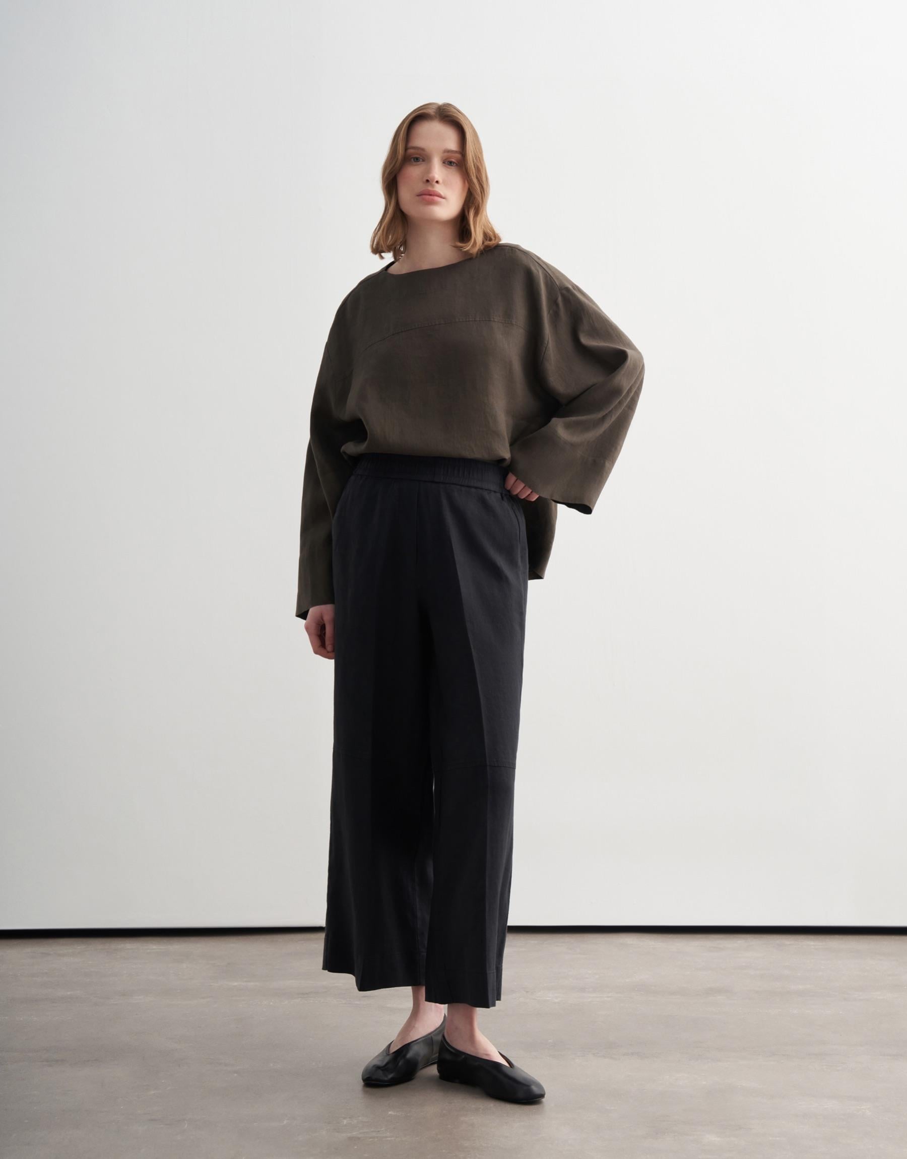 %100 Keten Culotte Pantolon Siyah