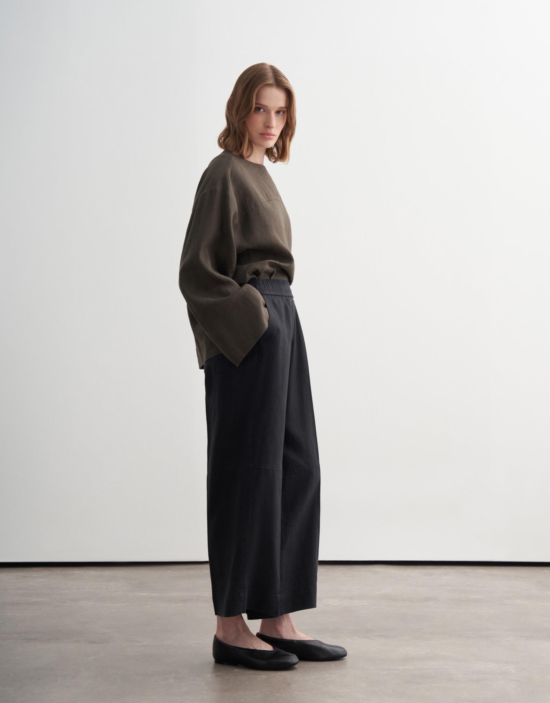 %100 Keten Culotte Pantolon Siyah