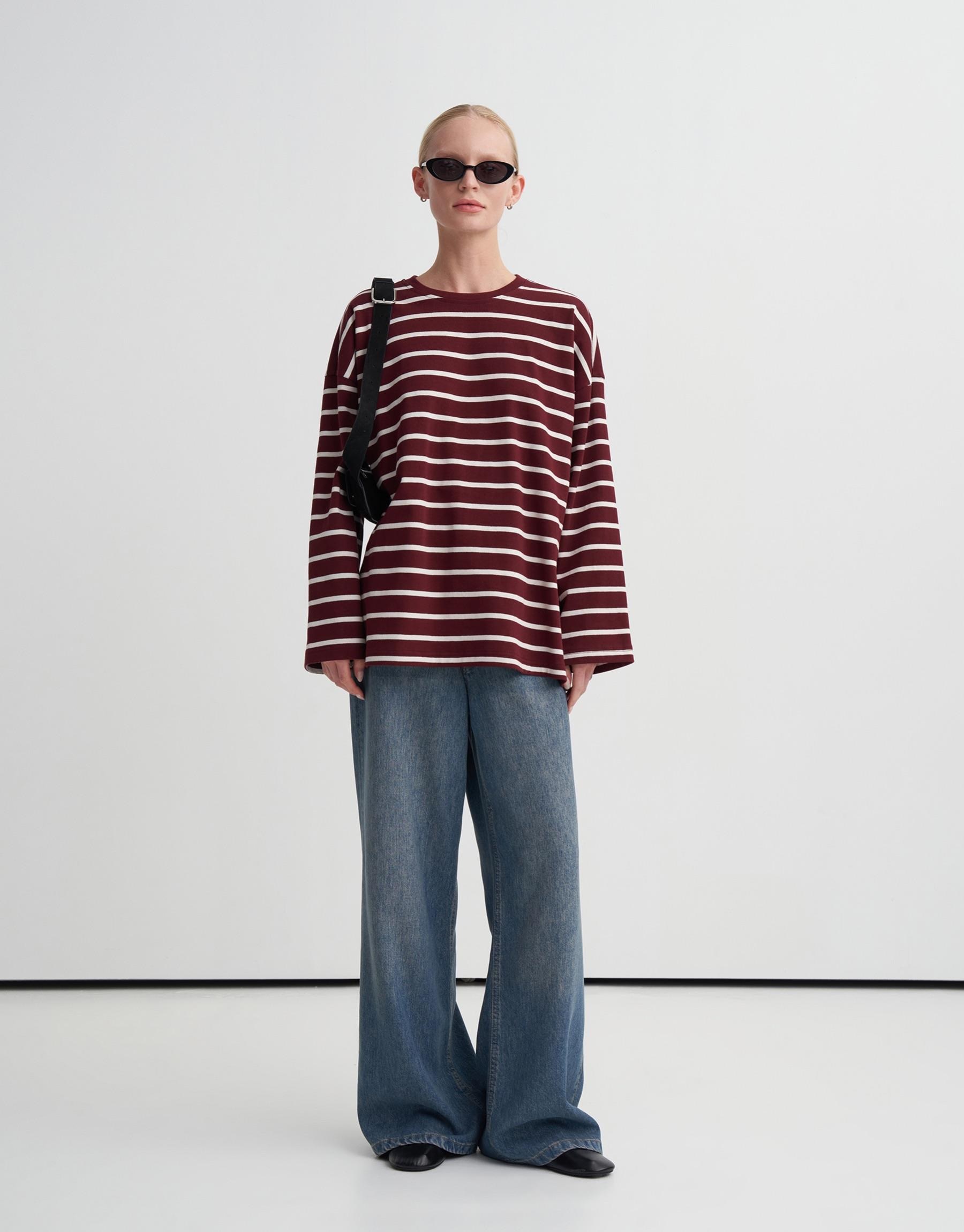 %100 PAMUK ÇİZGİLİ BASİC SWEATSHİRT BORDO