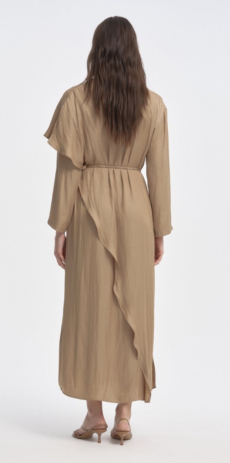 Örgü Kemerli Katmanlı Elbise CAMEL