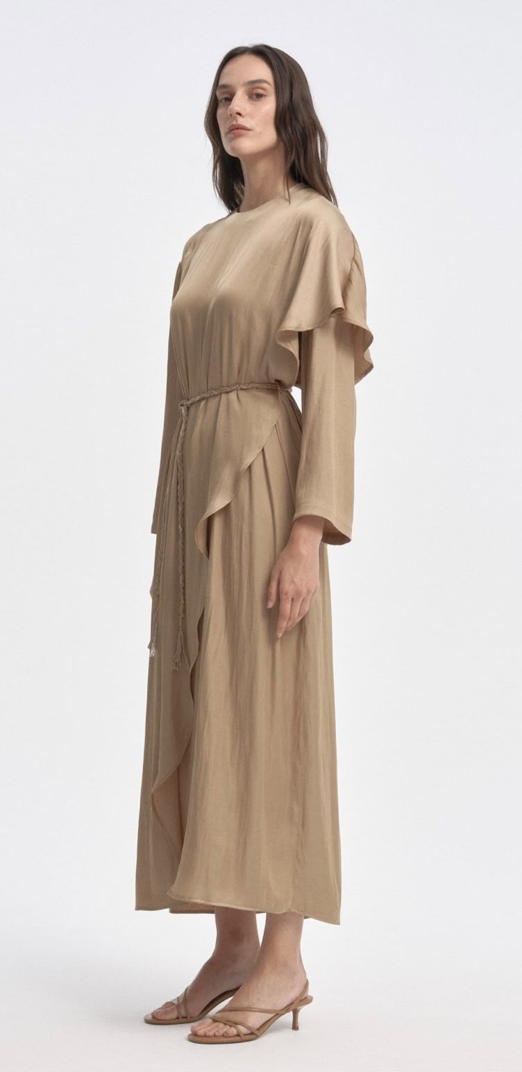 Örgü Kemerli Katmanlı Elbise CAMEL