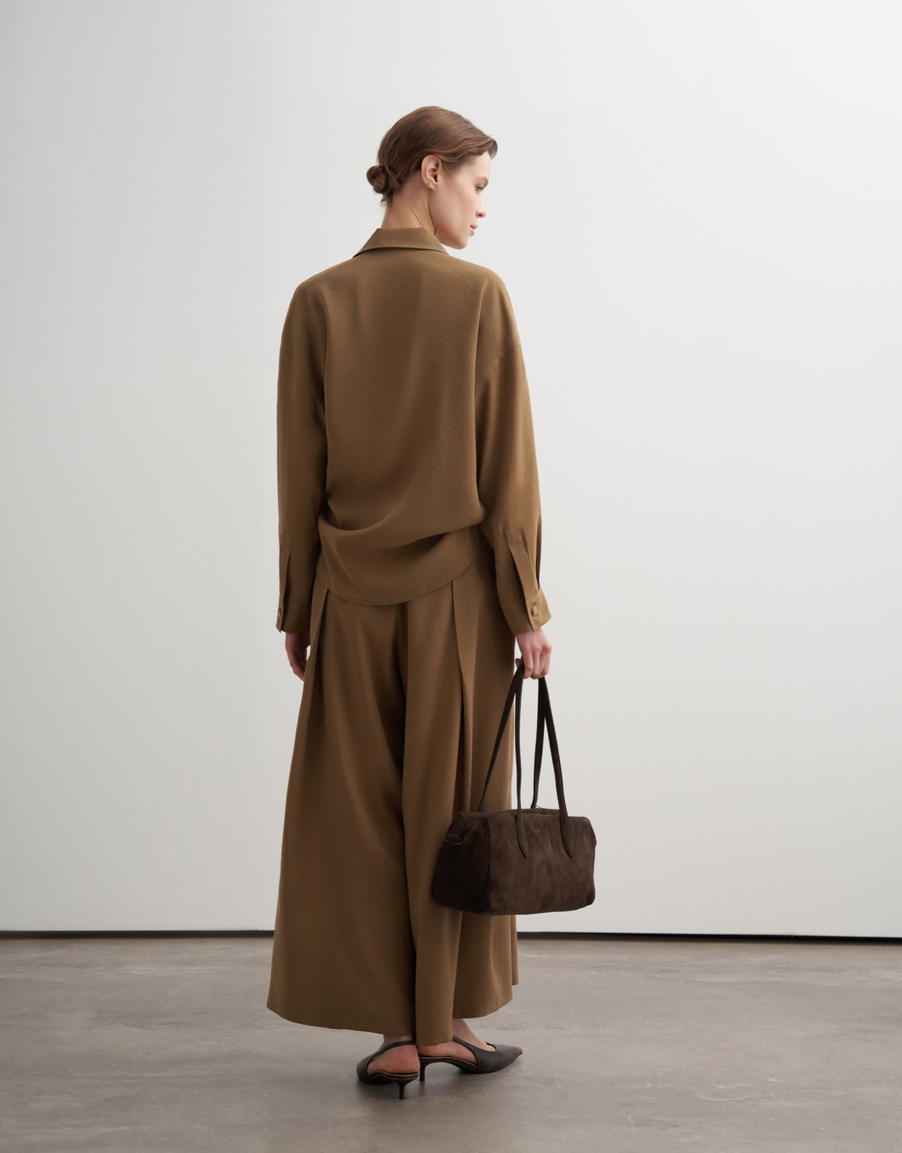 PİLELİ GENİŞ PAÇA MODAL PANTOLON CAMEL