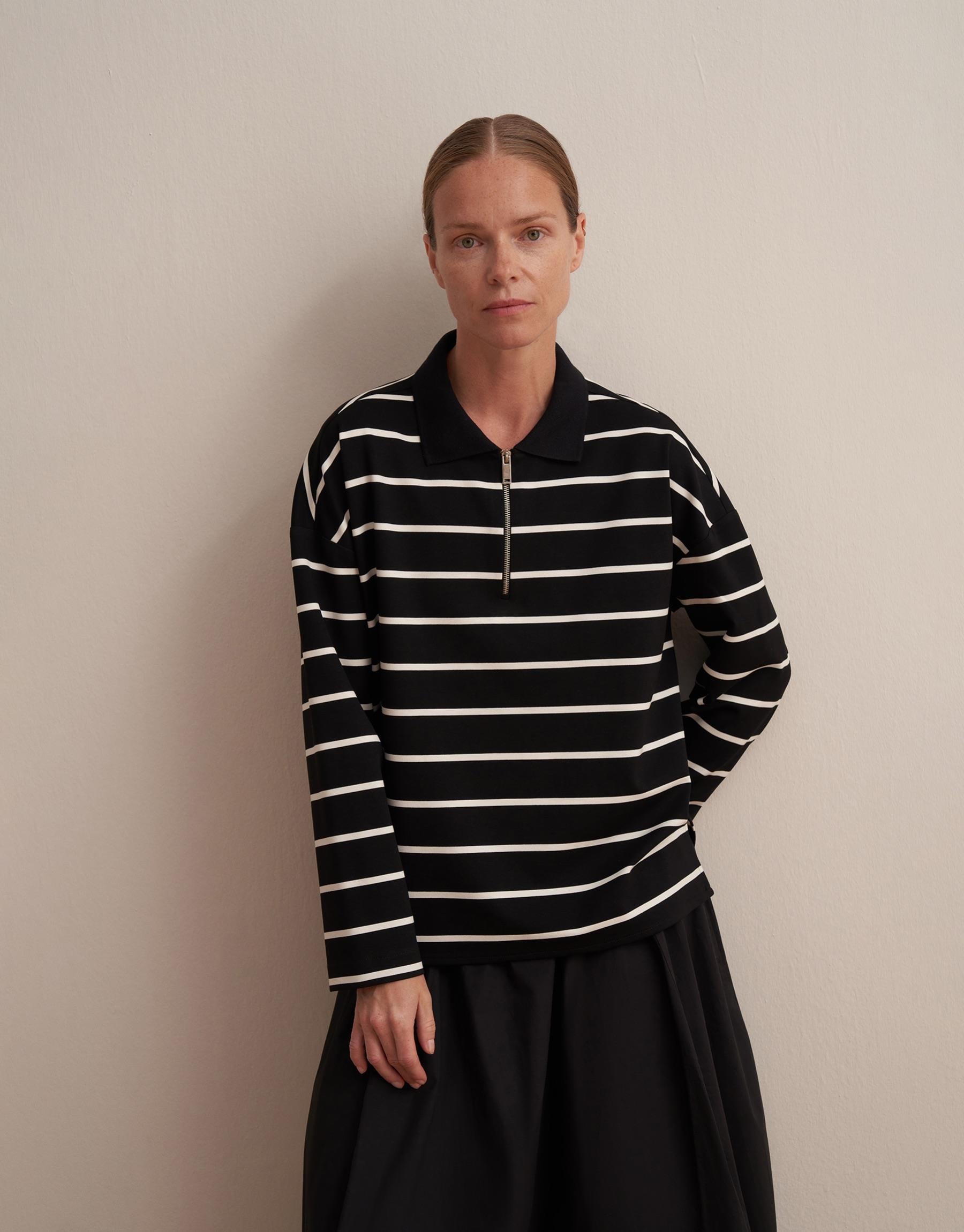 POLO YAKA RAYON ÇİZGİLİ SWEATSHİRT Siyah