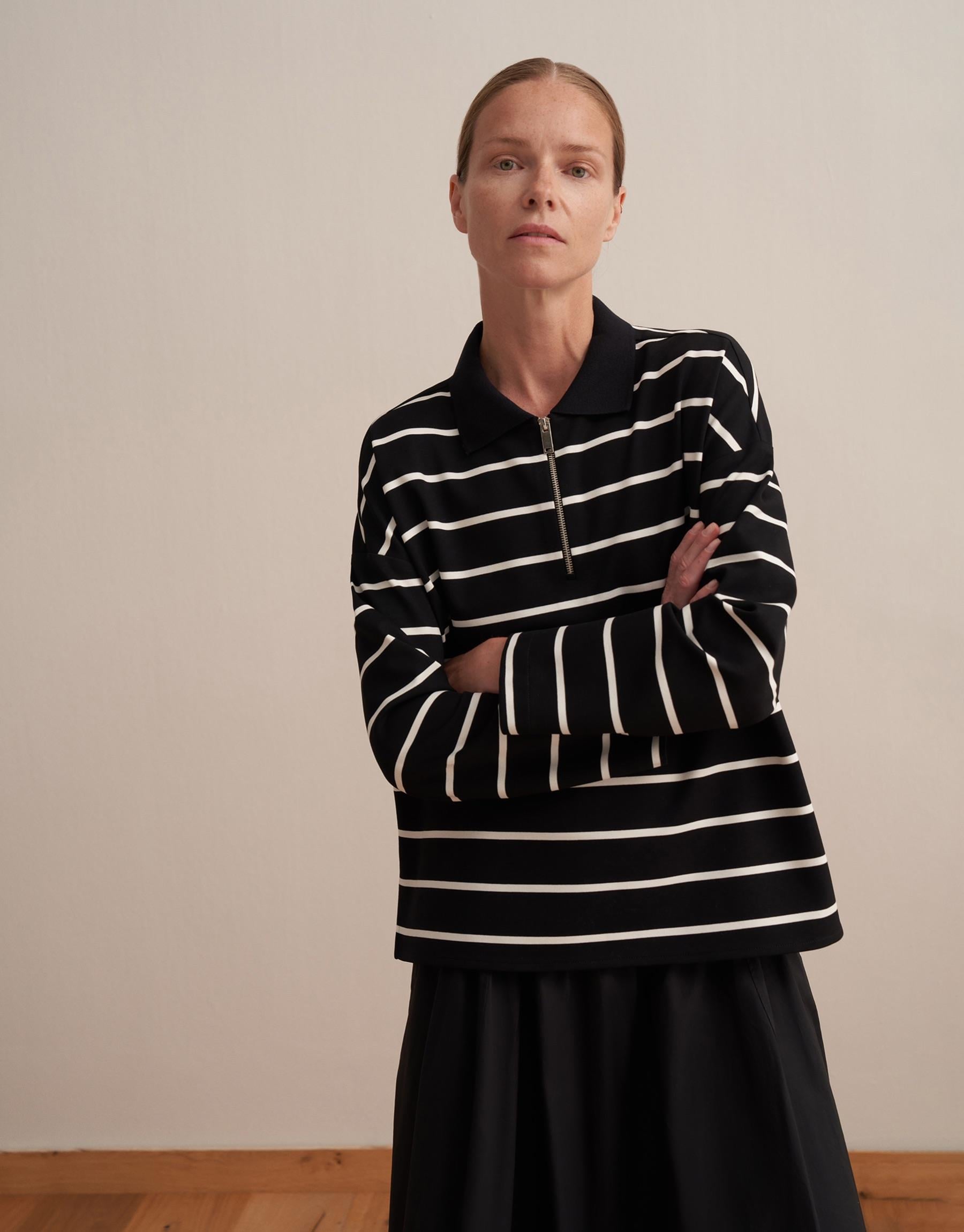 POLO YAKA RAYON ÇİZGİLİ SWEATSHİRT Siyah