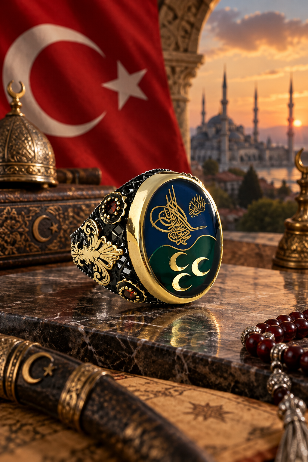 9225 AYAR TUĞRALI  VE ÜÇHİLALLİ ERKEK GÜMÜŞ YÜZÜK