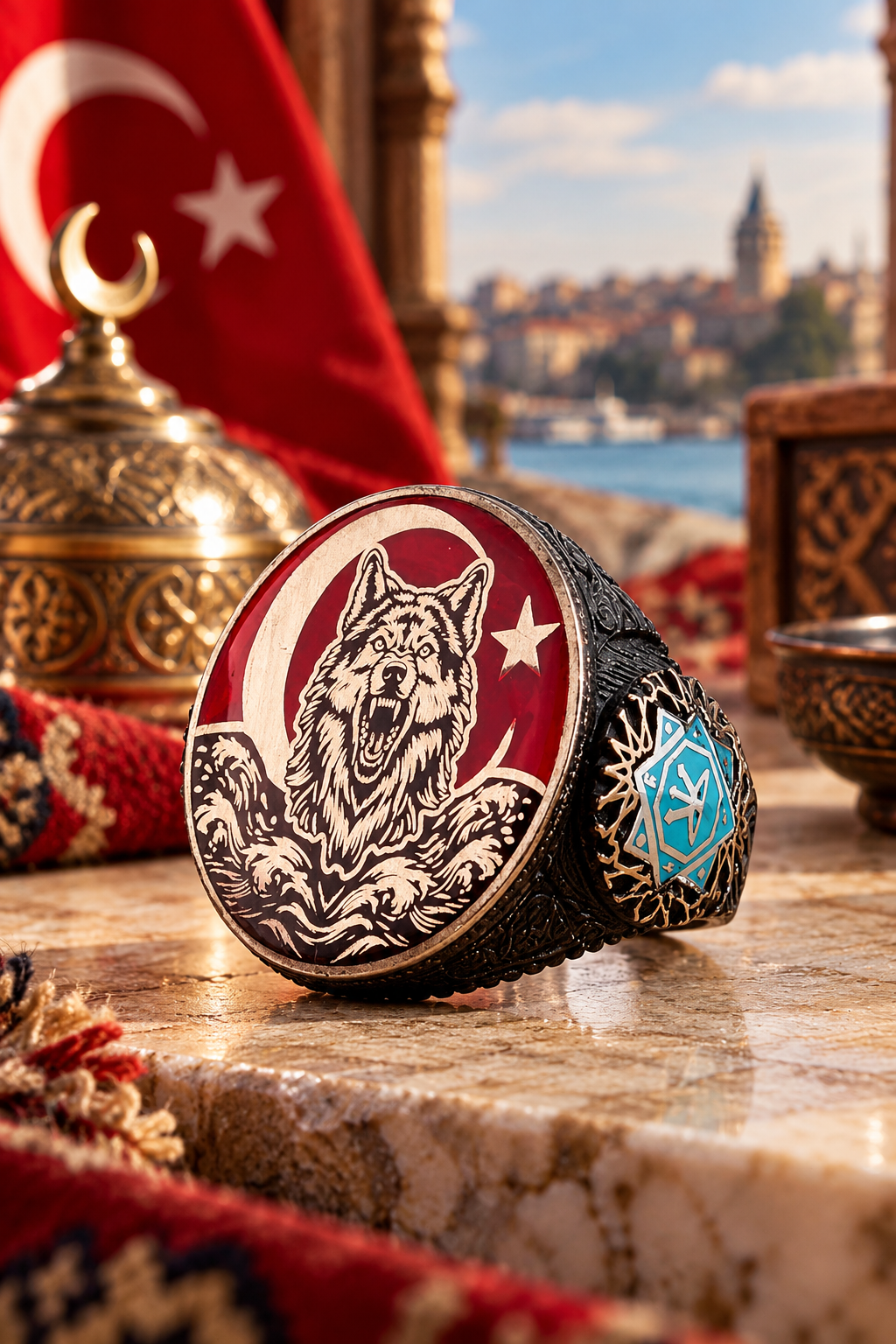 925 AYAR  AY YILDIZLI  KURT BAŞLI  ERKEK GÜMÜŞ YÜZÜK