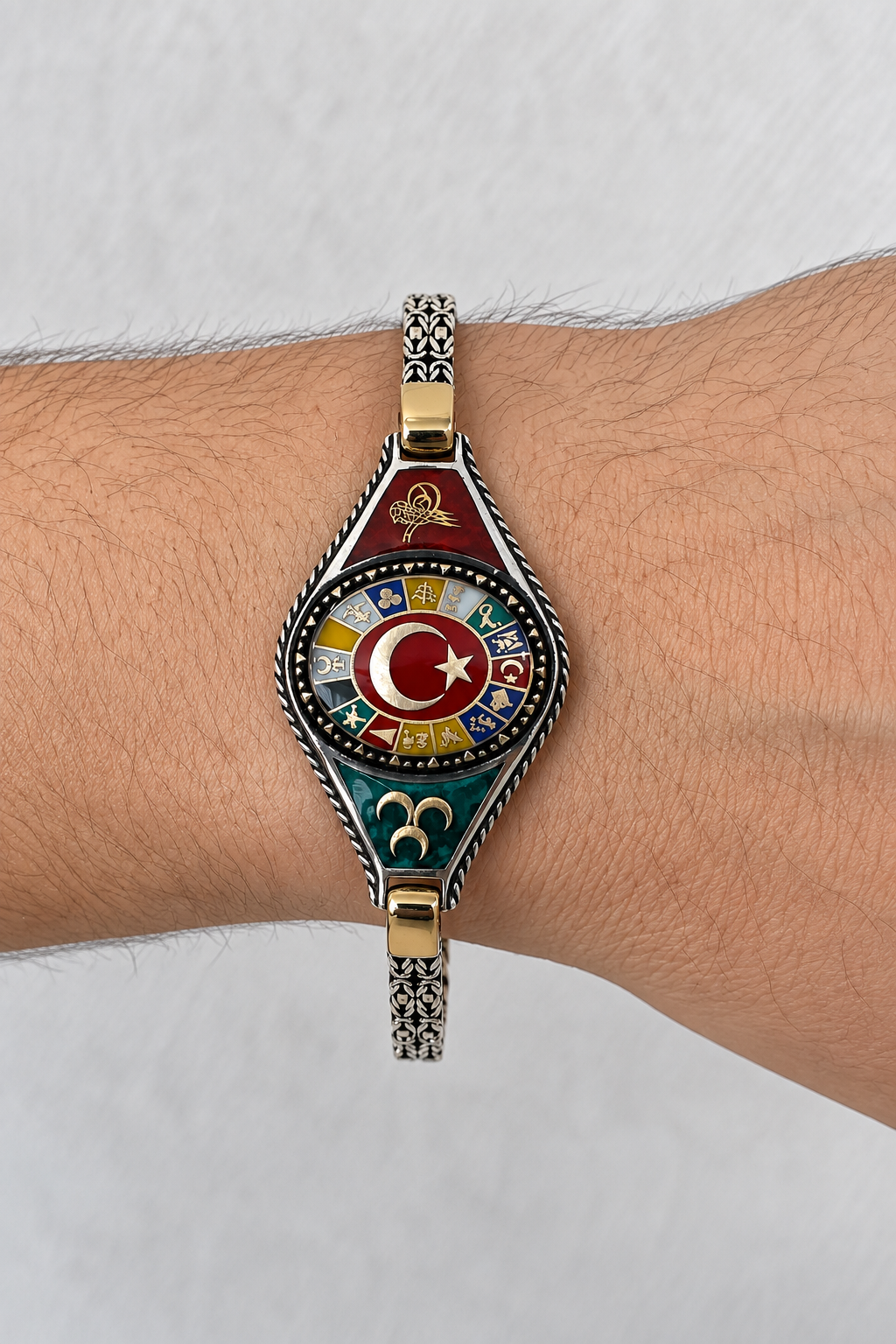 925 AYAR AYYILDIZ FİGÜRLÜ TÜRK DEVLETLERİ  KRAL ERKEK GÜMÜŞ BİLEKLİK