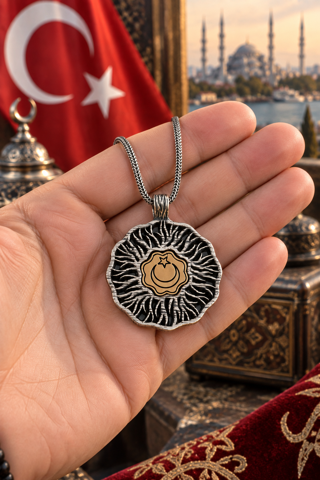 925 AYAR AYYILDIZLI  DESENLİ ERKEK GÜMÜŞ KOLYE