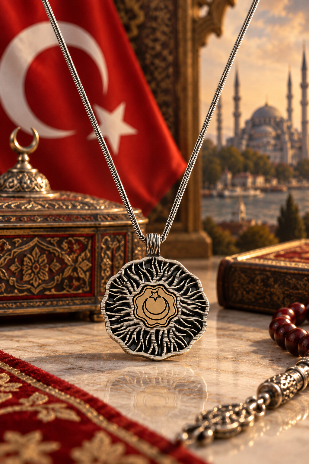 925 AYAR AYYILDIZLI  DESENLİ ERKEK GÜMÜŞ KOLYE