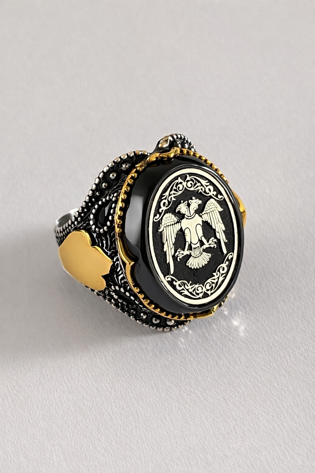 925 AYAR ÇİFT BAŞLI SELÇUKLU KARTALI ERKEK GÜMÜŞ YÜZÜK