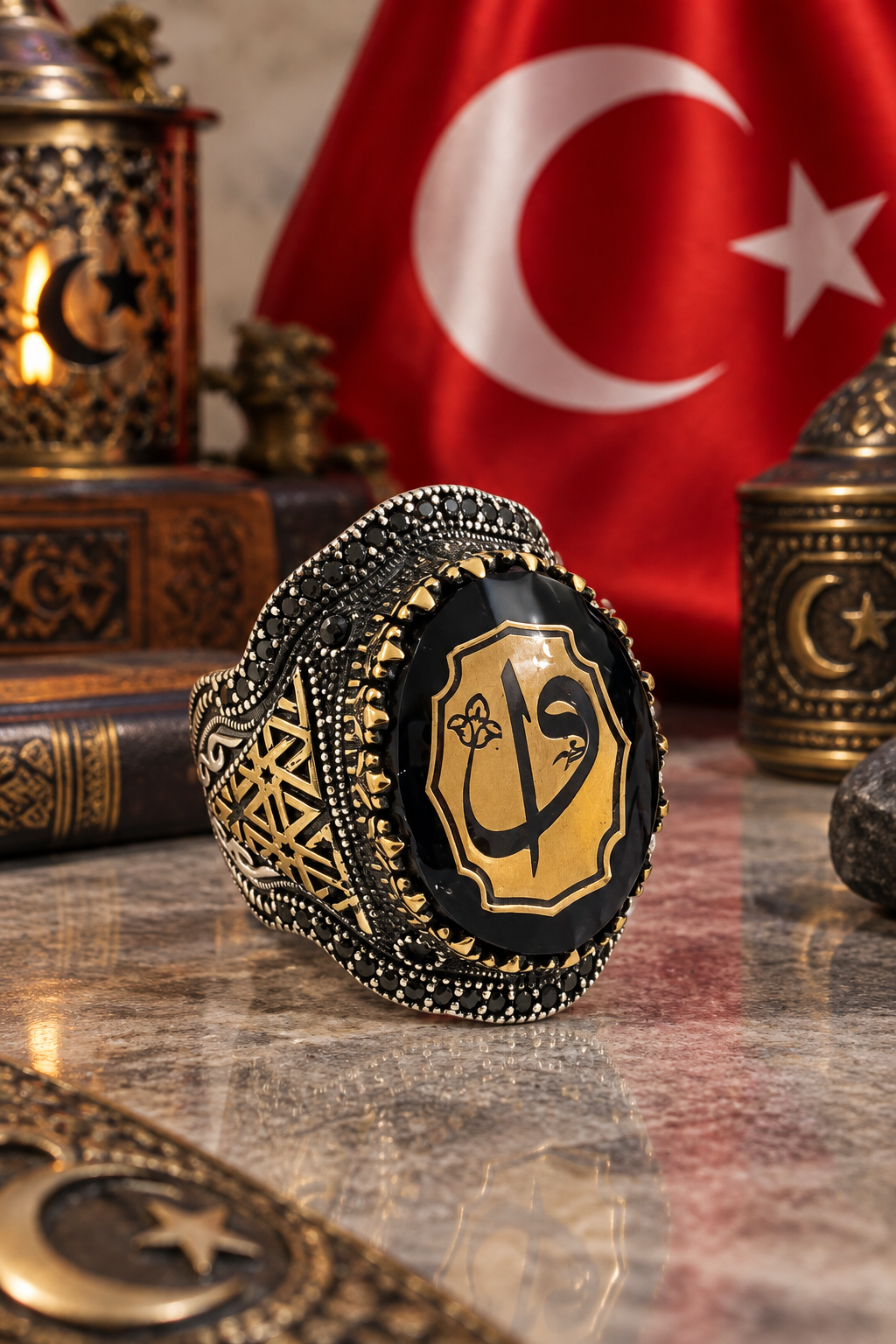 925 AYAR ELİF VAV FİGÜRLÜ ERKEK GÜMÜŞ YÜZÜK