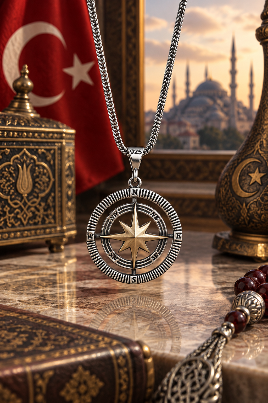 925 Ayar Erkek Pusula Gümüş Kolye