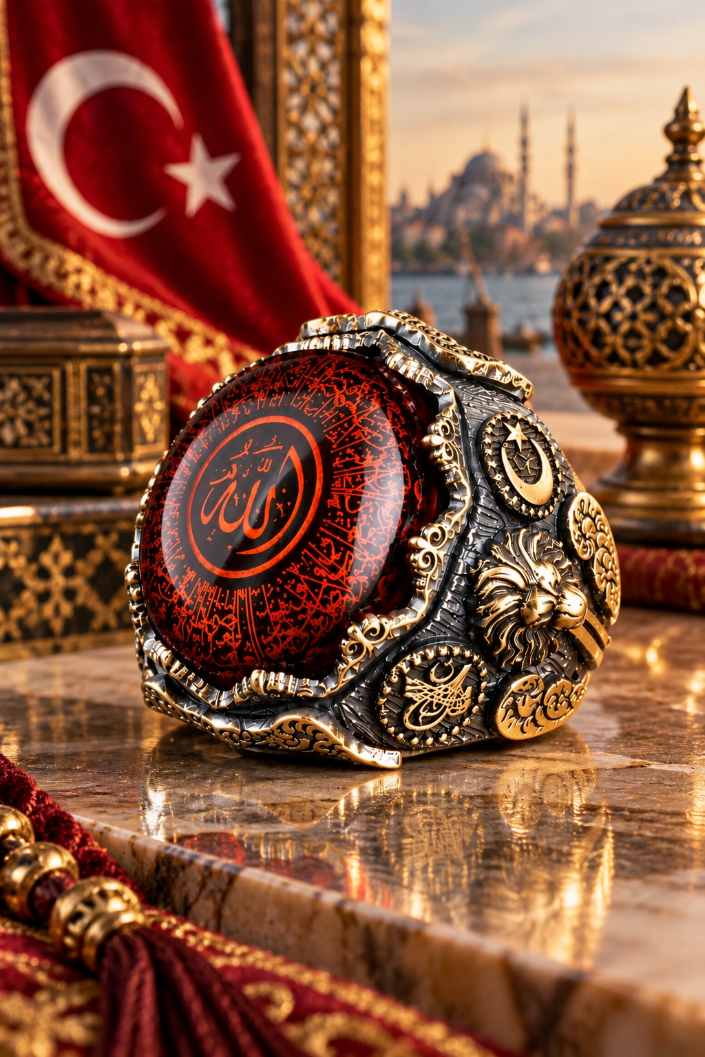 925 AYAR KEHRİBAR TAŞLI AYETEL KÜRSİ  YAZILI ERKERK GÜMÜŞ YÜZÜK