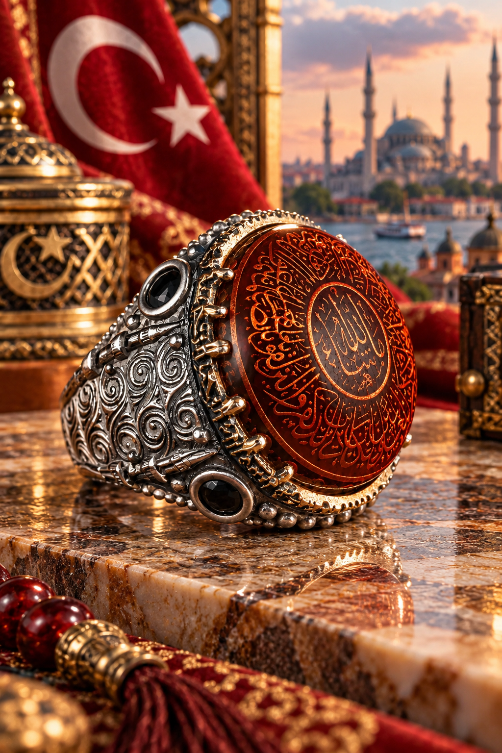 925 AYAR KEHRİBAR TAŞLI AYETEL KÜRSİ YAZILI ERKEK GÜMÜŞ YÜZÜK