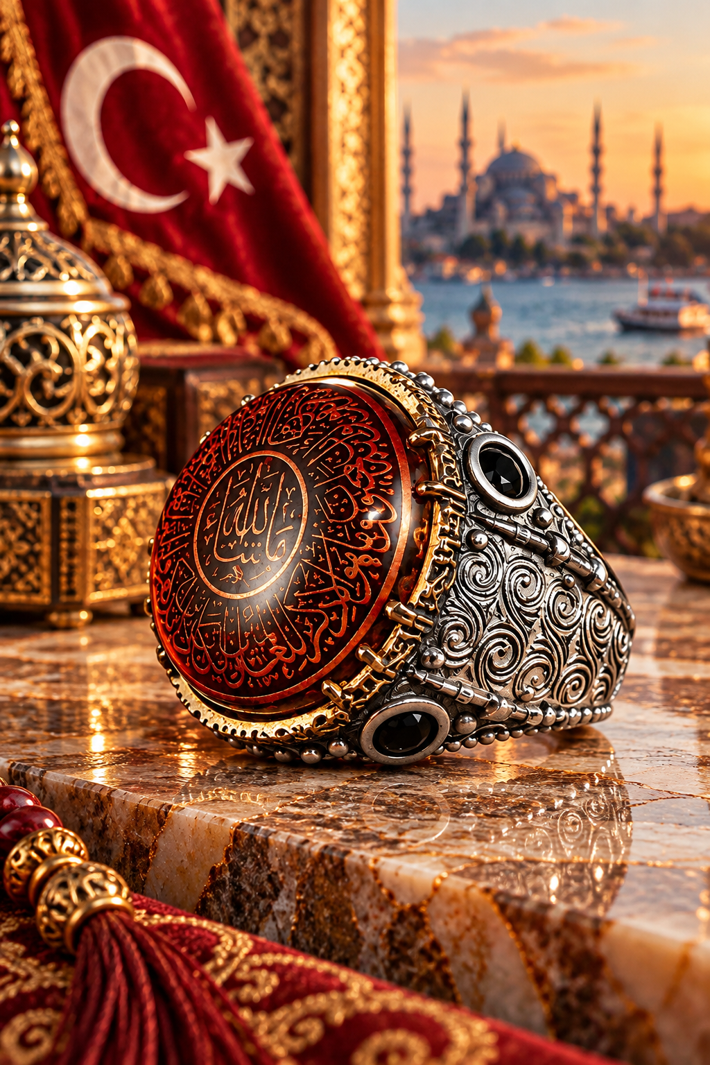 925 AYAR KEHRİBAR TAŞLI AYETEL KÜRSİ YAZILI ERKEK GÜMÜŞ YÜZÜK